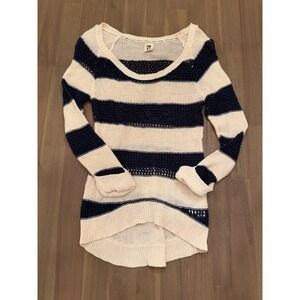Roxy Women Navy Blue Cream Striped Open Knit High Low Sweater Medium